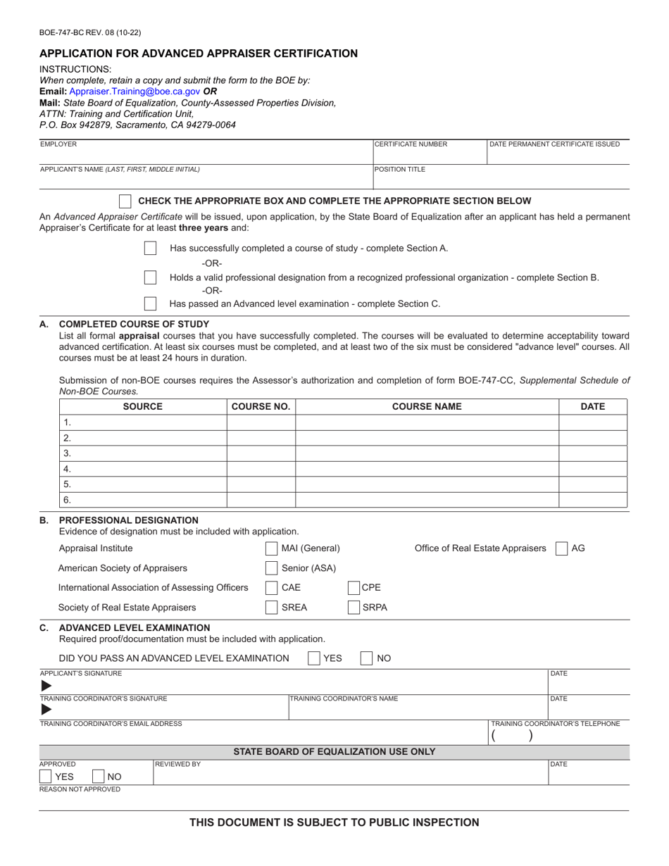 Form BOE-747-BC Application for Advanced Appraiser Certification - California, Page 1