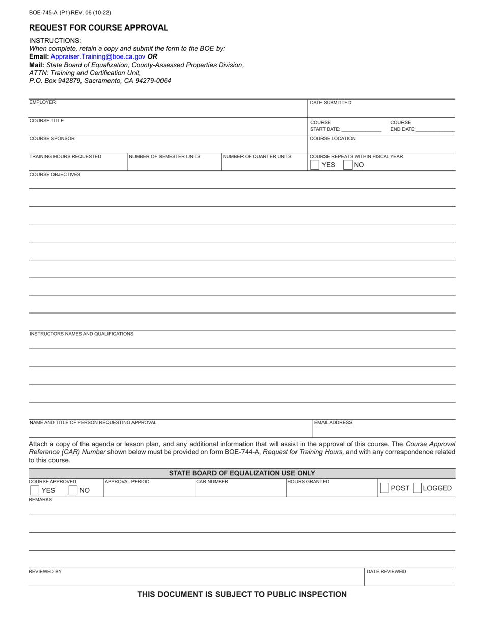 Form BOE-745-A Request for Course Approval - California, Page 1
