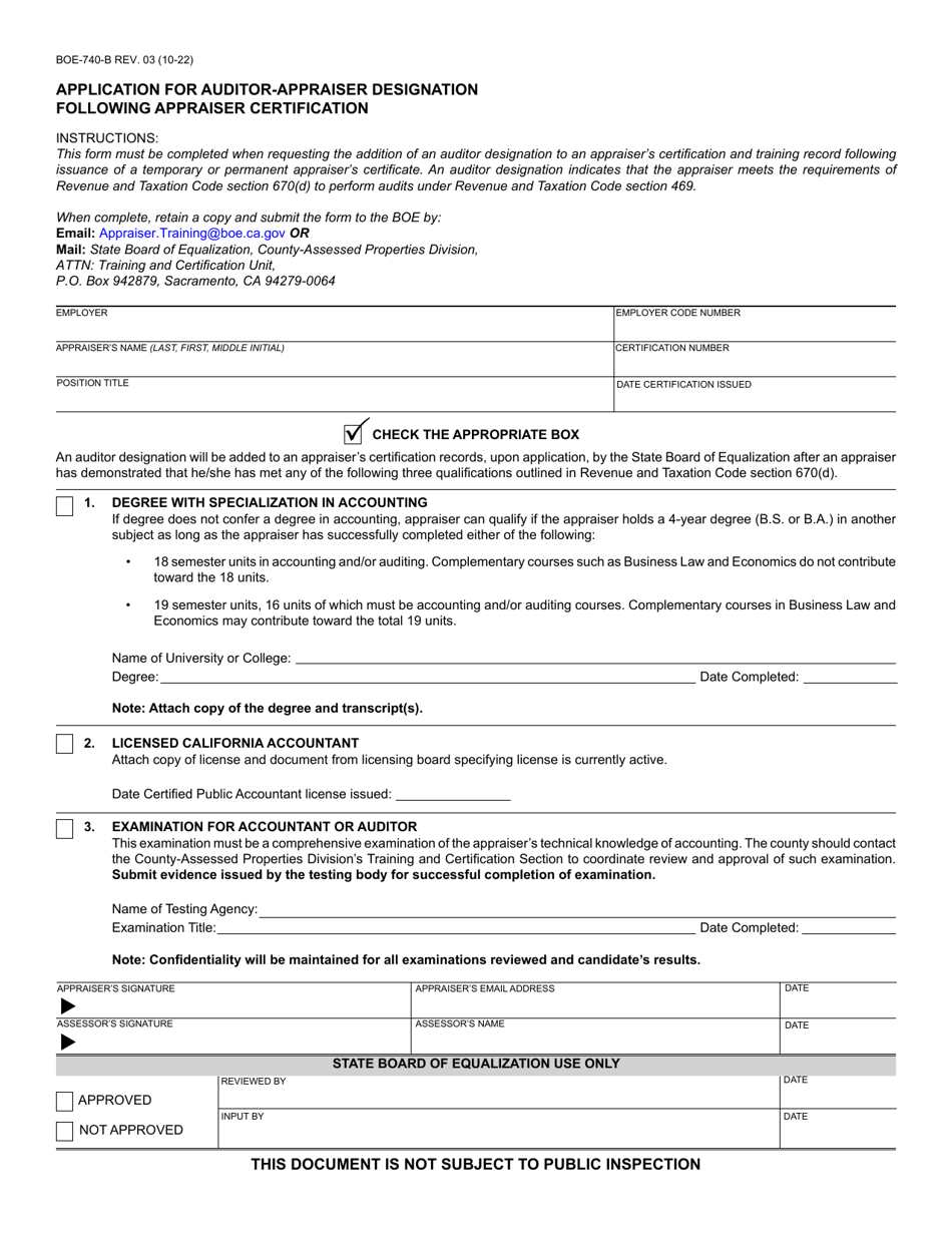 Form BOE-740-B Application for Auditor-Appraiser Designation Following Appraiser Certification - California, Page 1