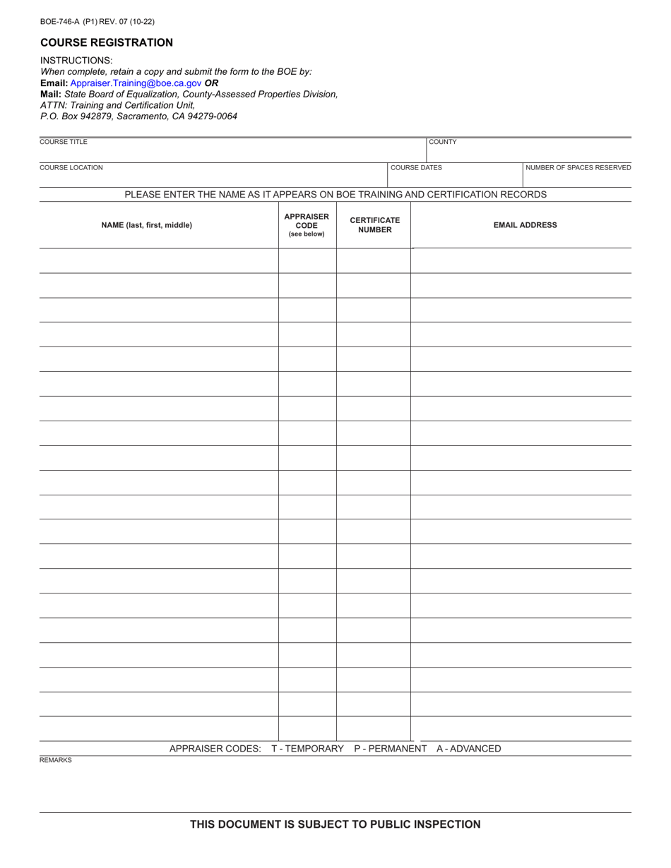 Form BOE-746-A Course Registration - California, Page 1