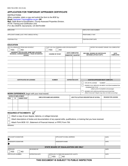 Form BOE-740-A Application for Temporary Appraiser Certificate - California