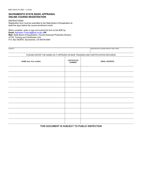 Form BOE-746-B Sacramento State Basic Appraisal Online Course Registration - California