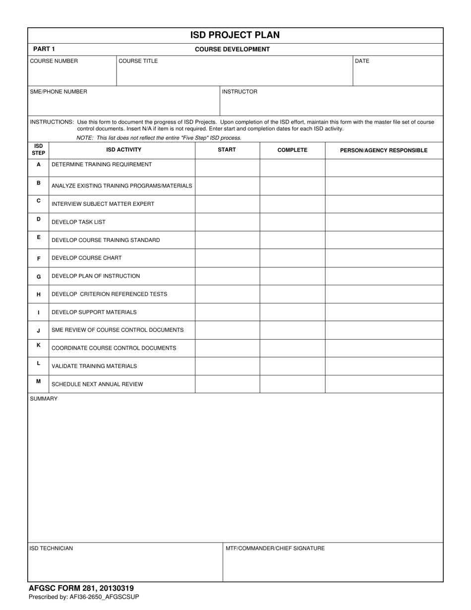 AFGSC Form 281 Isd Project Plan, Page 1