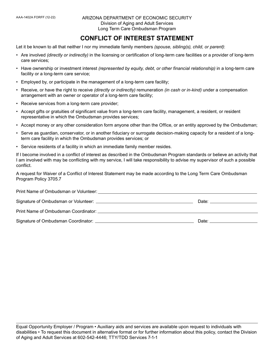 Form AAA-1402A Conflict of Interest Statement - Arizona, Page 1