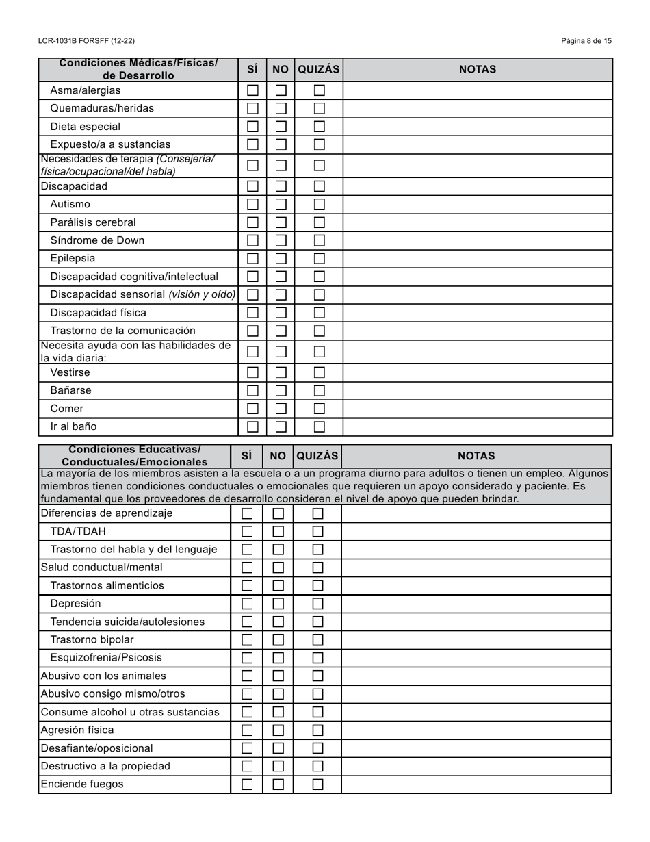 Formulario LCR-1031B-S Hogar De Desarrollo Para Menores O Adultos Guia De Evaluacion Del Cuidador - Arizona (Spanish), Page 8