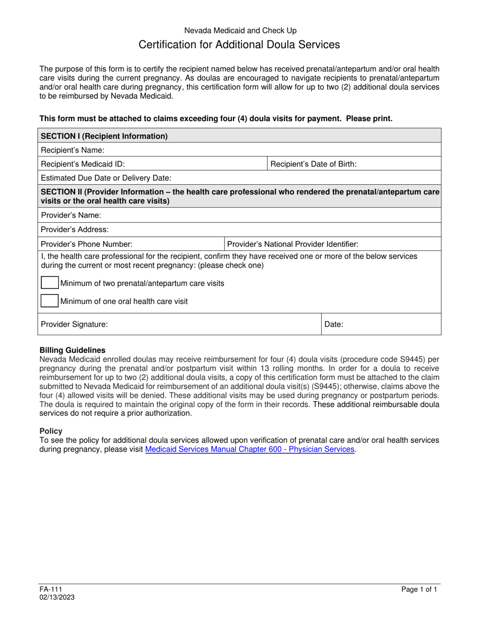 Form FA-111 Certification for Additional Doula Services - Nevada, Page 1