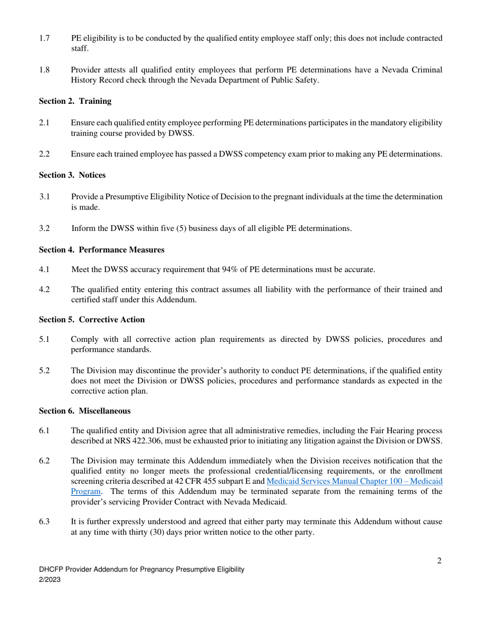 Nevada Medicaid Pregnancy Presumptive Eligibility Provider Addendum - Nevada, Page 2