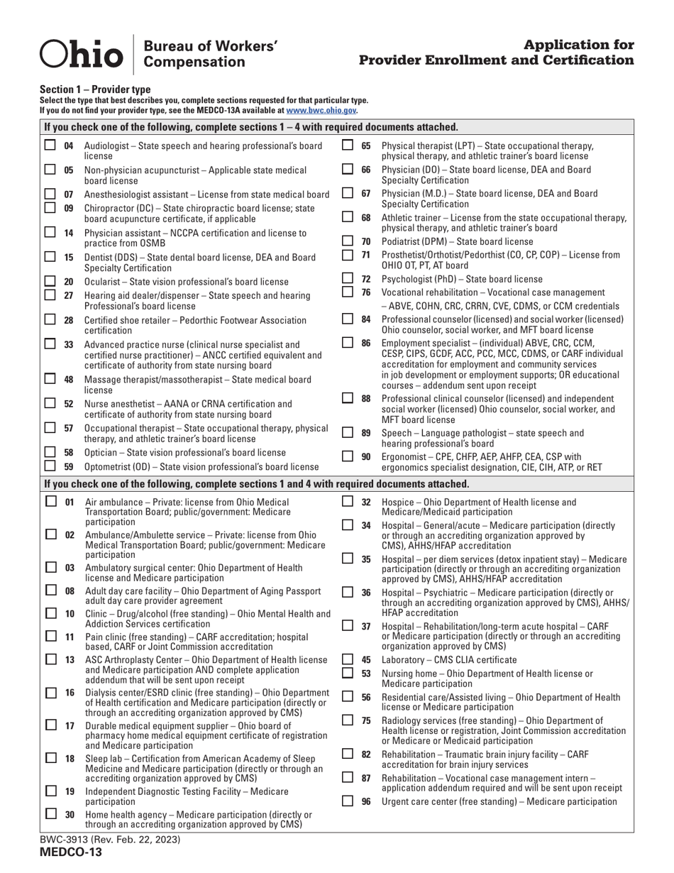 Form MEDCO-13 (BWC-3913) Application for Provider Enrollment and Certification - Ohio, Page 2