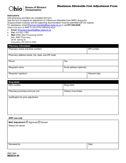 Form MEDCO-40 (BWC-3940) Maximum Allowable Cost Adjustment Form - Ohio