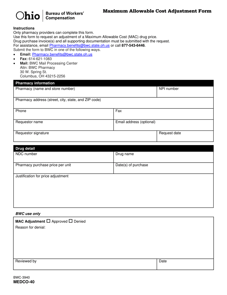 Form MEDCO-40 (BWC-3940) Maximum Allowable Cost Adjustment Form - Ohio, Page 1