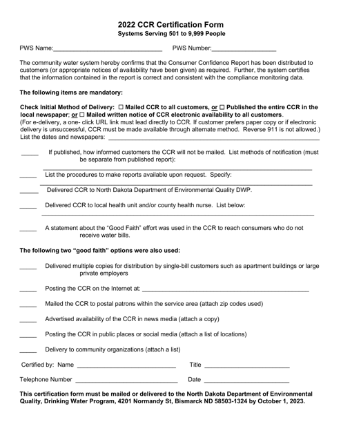 Ccr Certification Form - Systems Serving 501 to 9,999 People - North Dakota Download Pdf