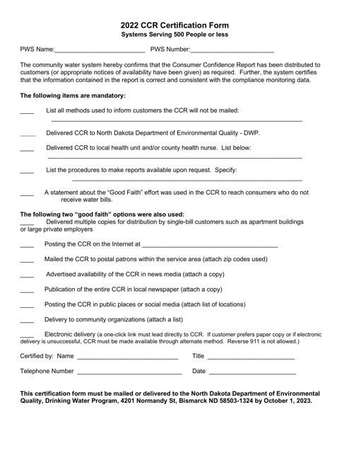 Ccr Certification Form - Systems Serving 500 People or Less - North Dakota Download Pdf