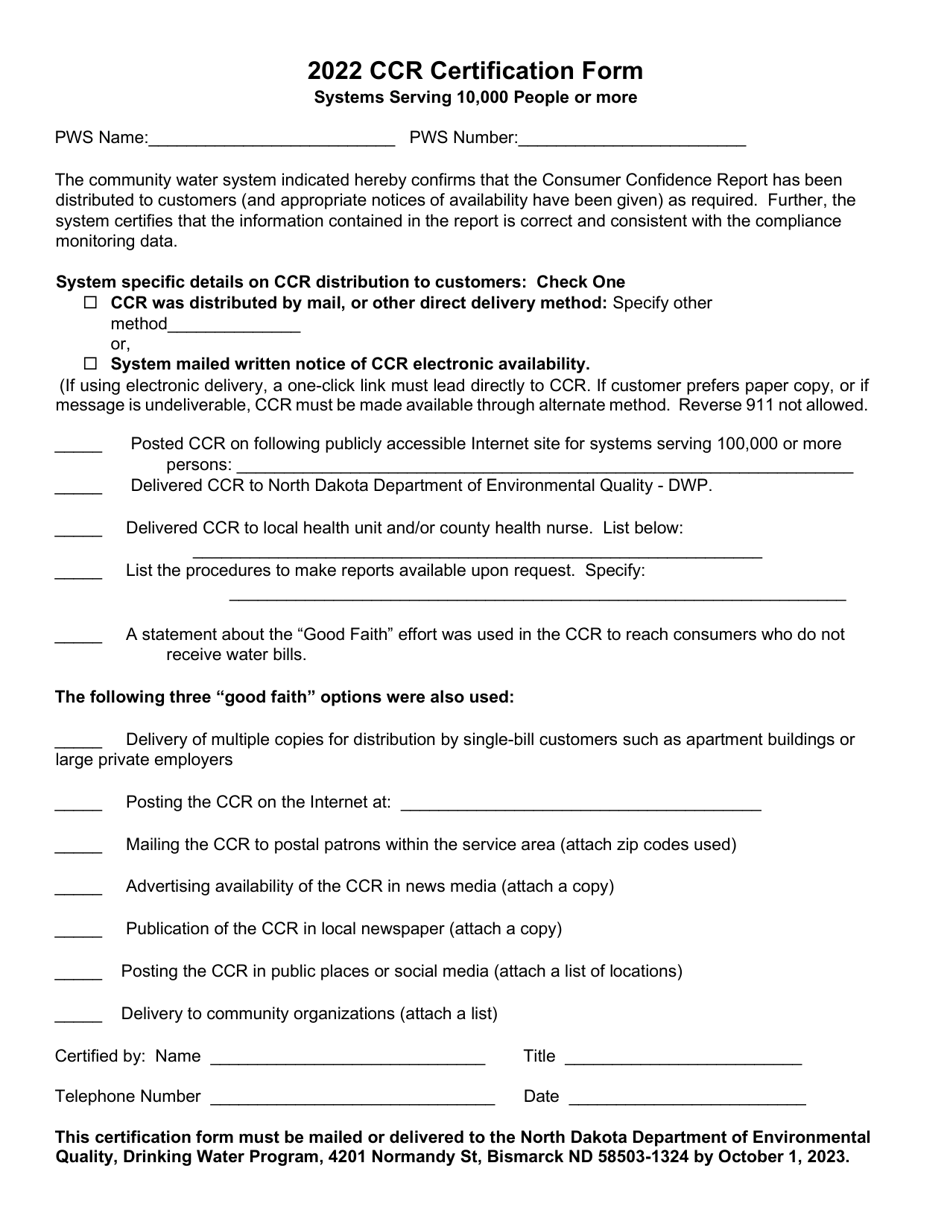 Ccr Certification Form - Systems Serving 10,000 People or More - North Dakota, Page 1