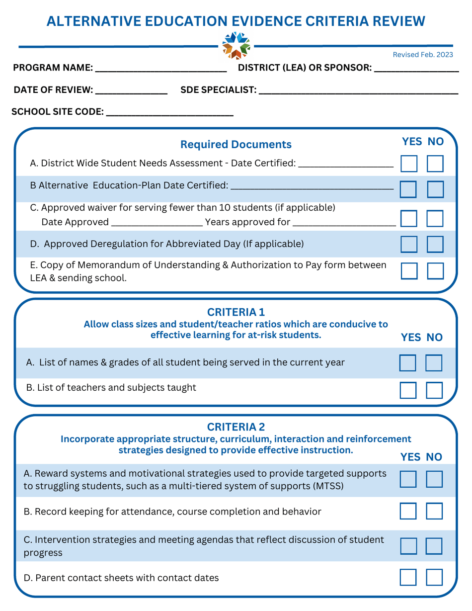 Alternative Education Evidence Criteria Review - Oklahoma, Page 1