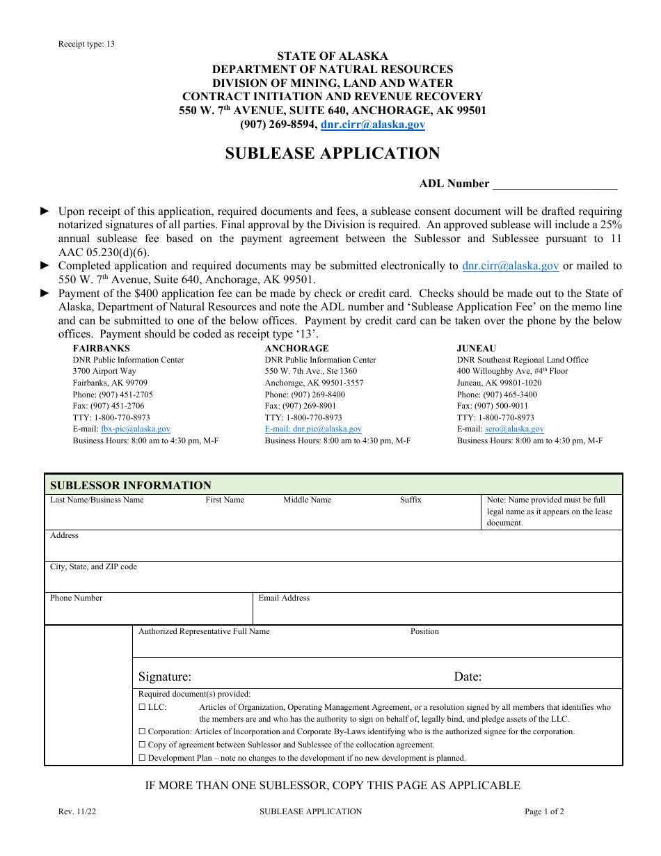Sublease Application - Alaska, Page 1