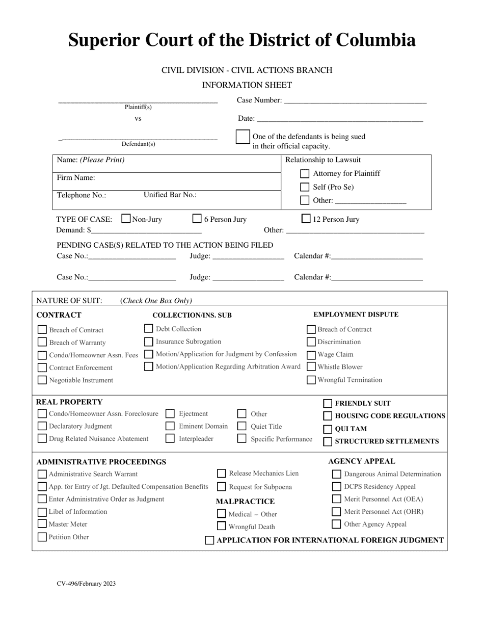 Form CV-496 Civil Actions Information Sheet - Washington, D.C., Page 1
