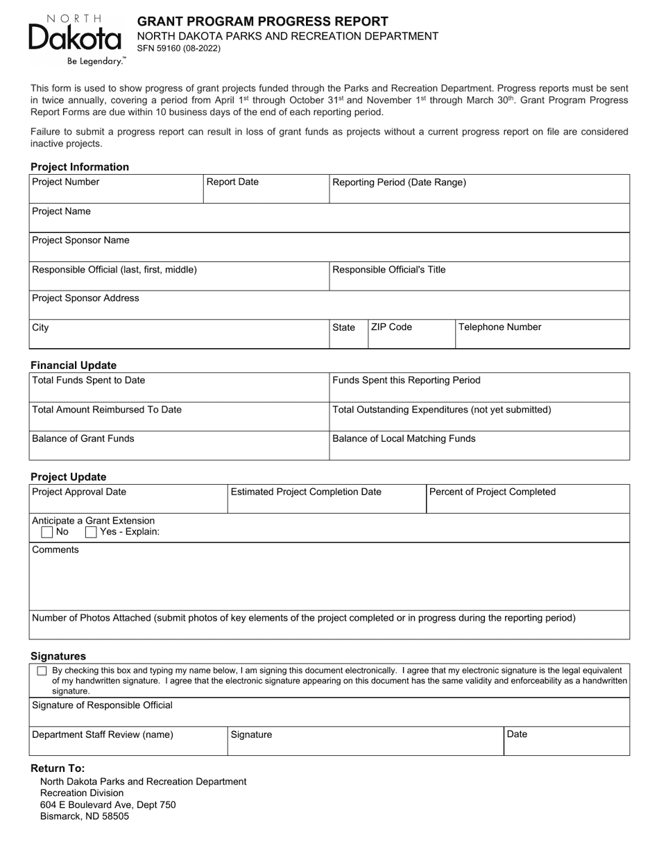 Form SFN59160 Grant Program Progress Report - North Dakota, Page 1