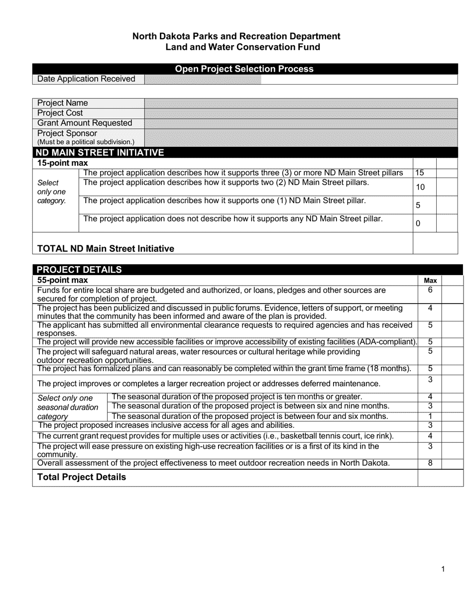 Open Project Selection Process (Score Sheet) - Land and Water Conservation Fund - North Dakota, Page 1