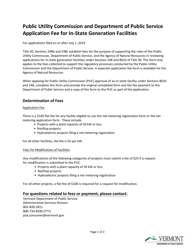 Public Utility Commission and Department of Public Service Application Fee for in-State Generation Facilities - Vermont