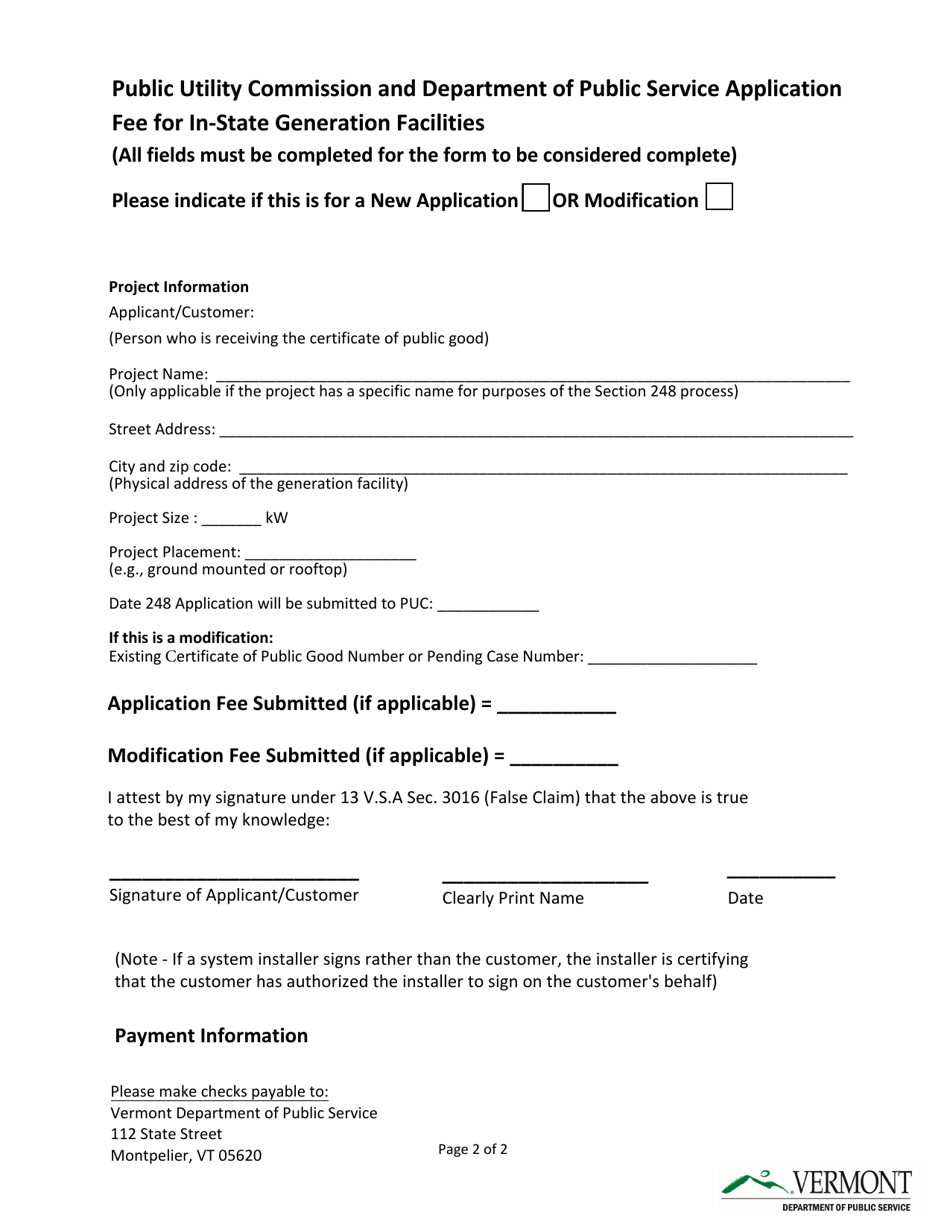 Public Utility Commission and Department of Public Service Application Fee for in-State Generation Facilities - Vermont, Page 2