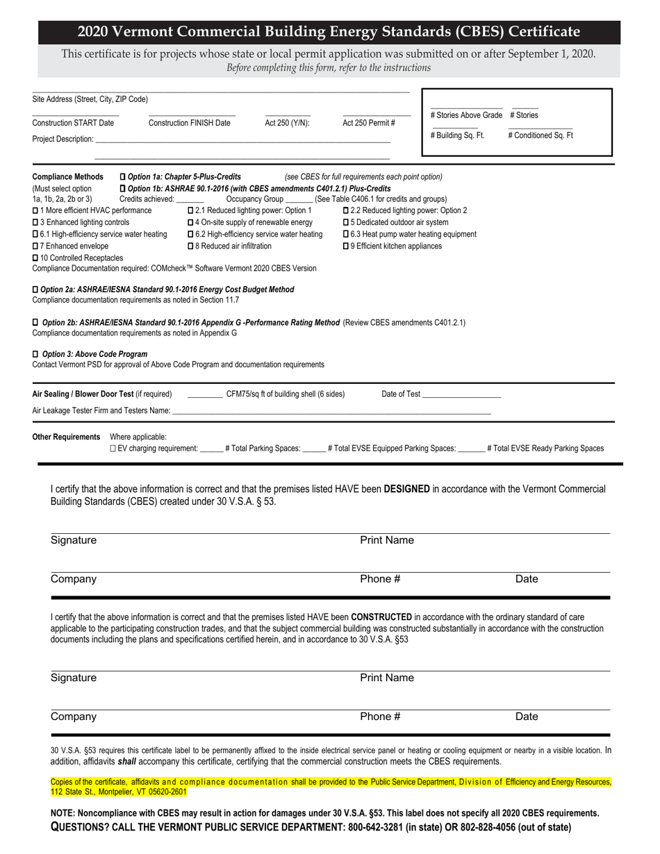 2020 Vermont Commercial Building Energy Standards (Cbes) Certificate and Affidavits - Vermont, Page 1