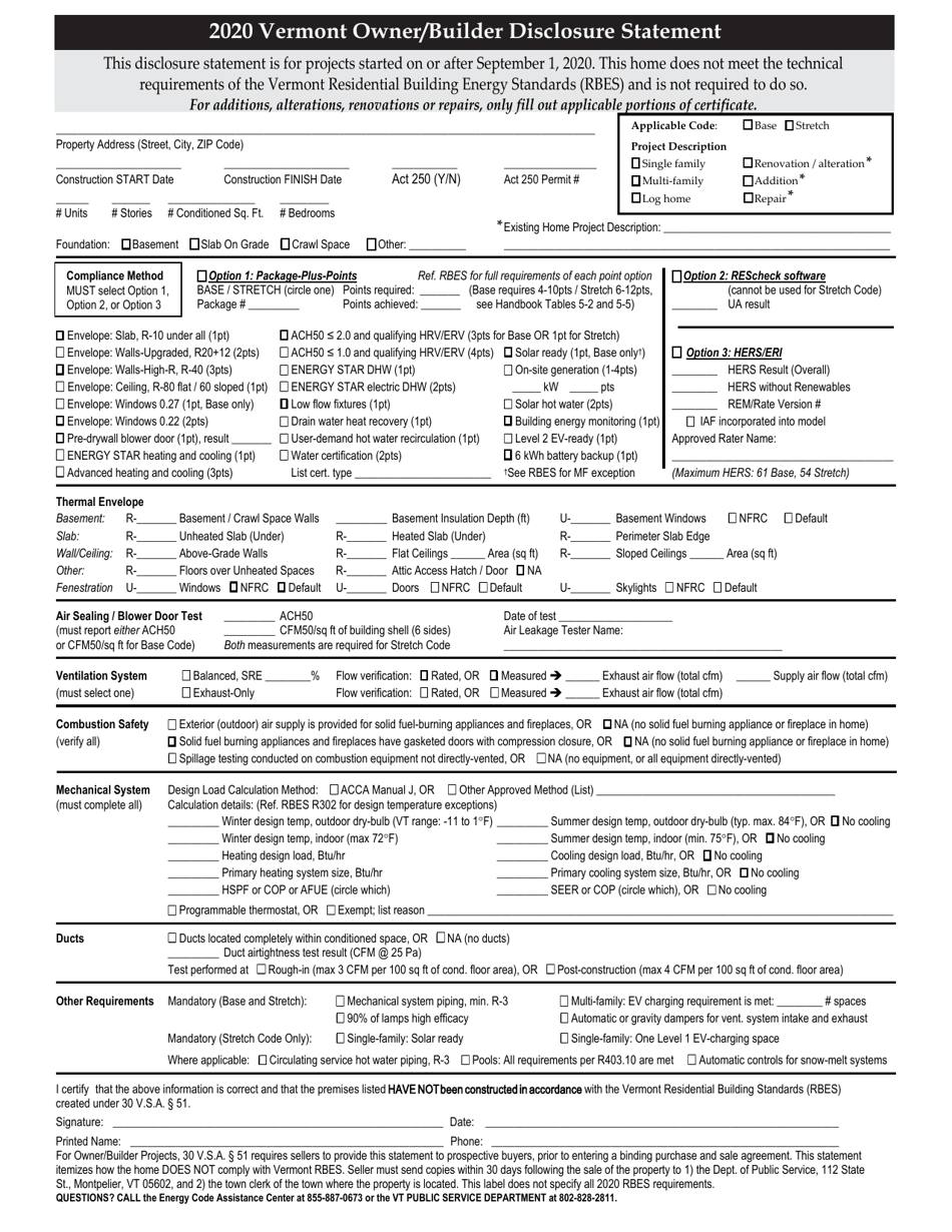 Vermont 2020 Vermont Owner/Builder Disclosure Statement Fill Out, Sign Online and Download PDF