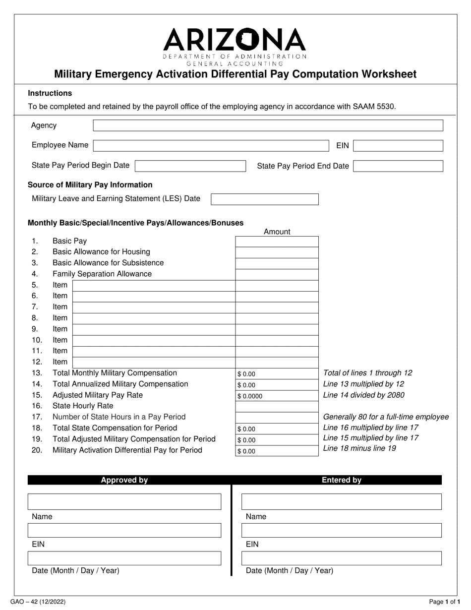Form GAO-42 Military Emergency Activation Differential Pay Computation Worksheet - Arizona, Page 1