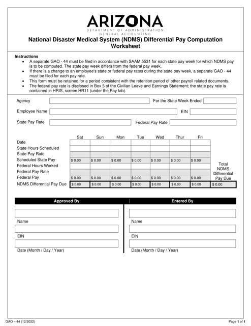 Form GAO-44 National Disaster Medical System (Ndms) Differential Pay Computation Worksheet - Arizona