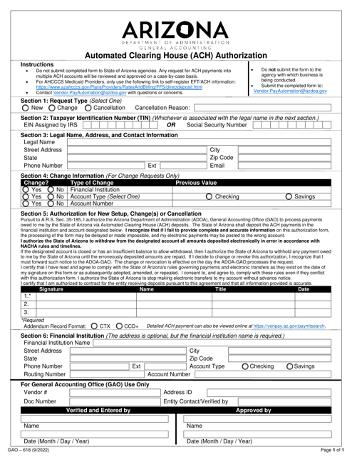 Form GAO-618 Automated Clearing House (ACH) Authorization - Arizona