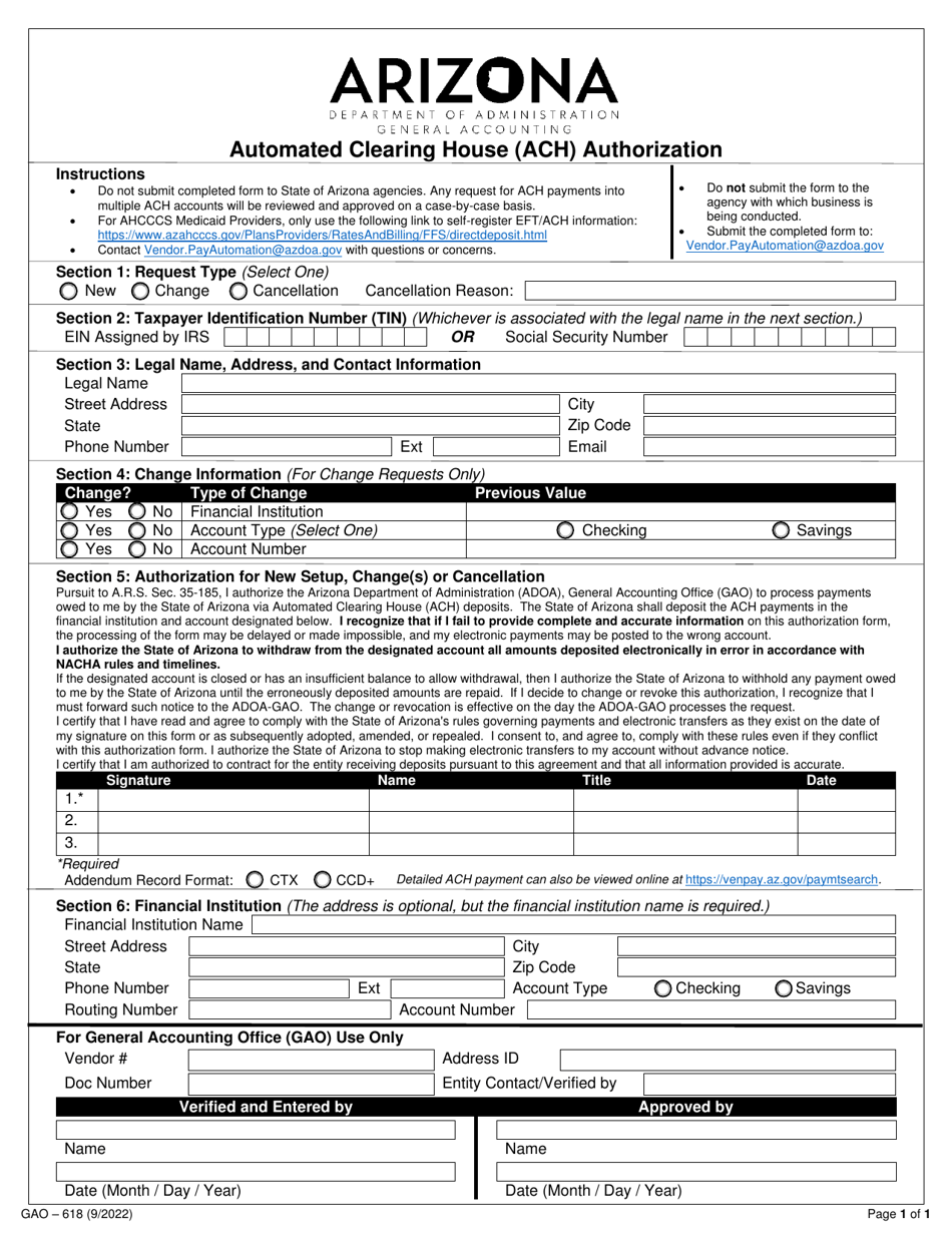 Form GAO-618 Automated Clearing House (ACH) Authorization - Arizona, Page 1