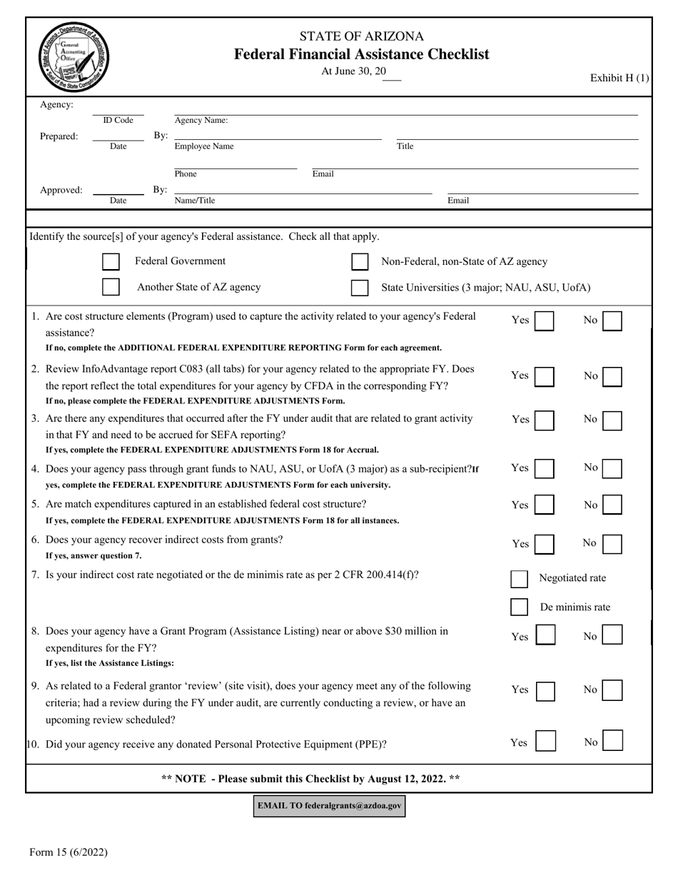 Form 15 Exhibit H(1) Federal Financial Assistance Checklist - Arizona, Page 1