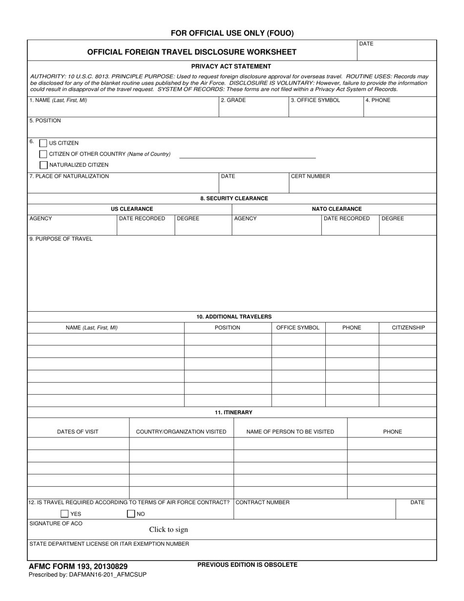 AFMC Form 193 Official Foreign Travel Disclosure Worksheet, Page 1