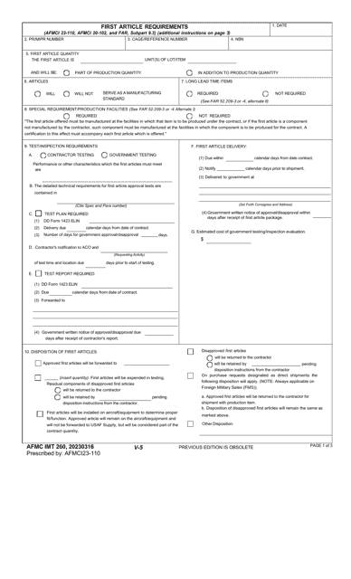 AFMC IMT Form 260 First Article Requirements