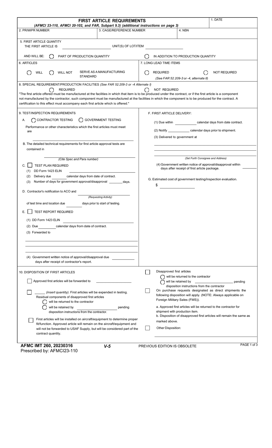AFMC IMT Form 260 First Article Requirements, Page 1