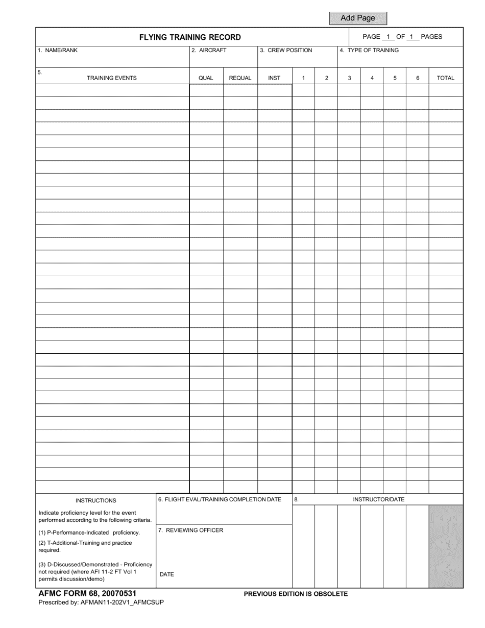 AFMC Form 68 Flying Training Record, Page 1