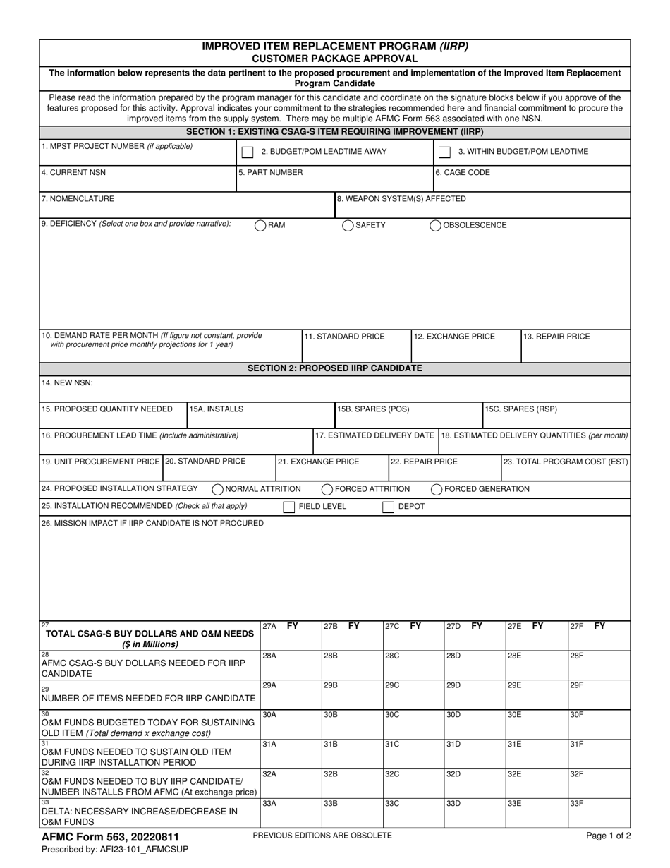 AFMC Form 563 Improved Item Replacement Program (Iirp) Customer Package Approval, Page 1