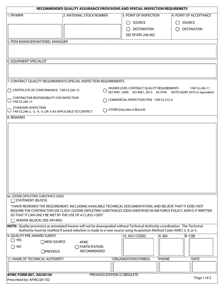 AFMC Form 807 Recommended Quality Assurance Provisions and Special Inspection Requiremets, Page 1