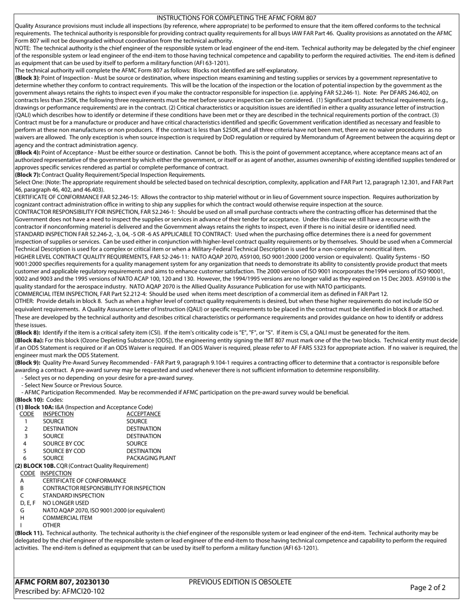 AFMC Form 807 Recommended Quality Assurance Provisions and Special Inspection Requiremets, Page 2