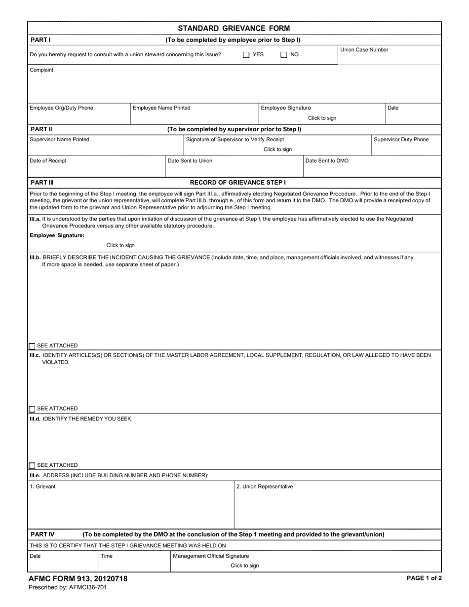 AFMC Form 913 Standard Grievance Form, Page 1