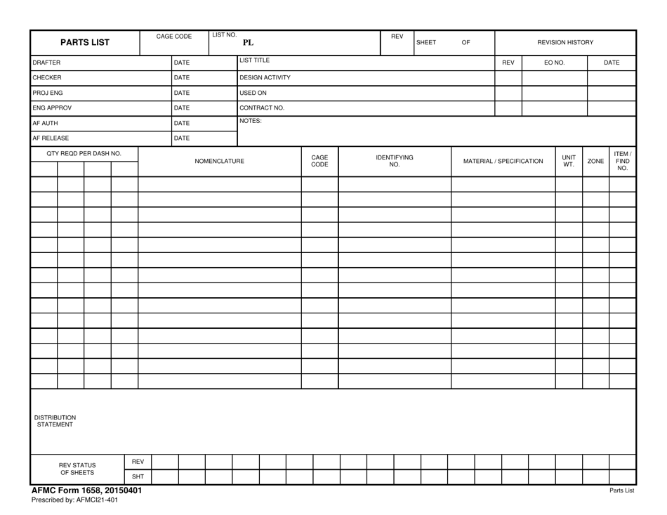 AFMC Form 1658 Parts List, Page 1