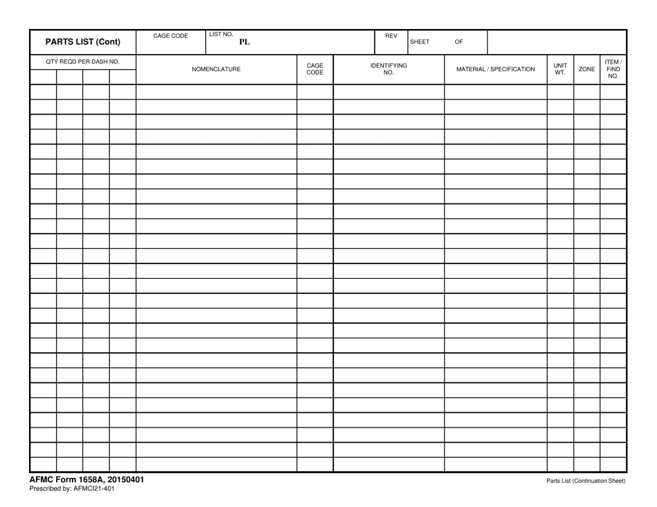 AFMC Form 1658A Parts List (Continuation Sheet), Page 1