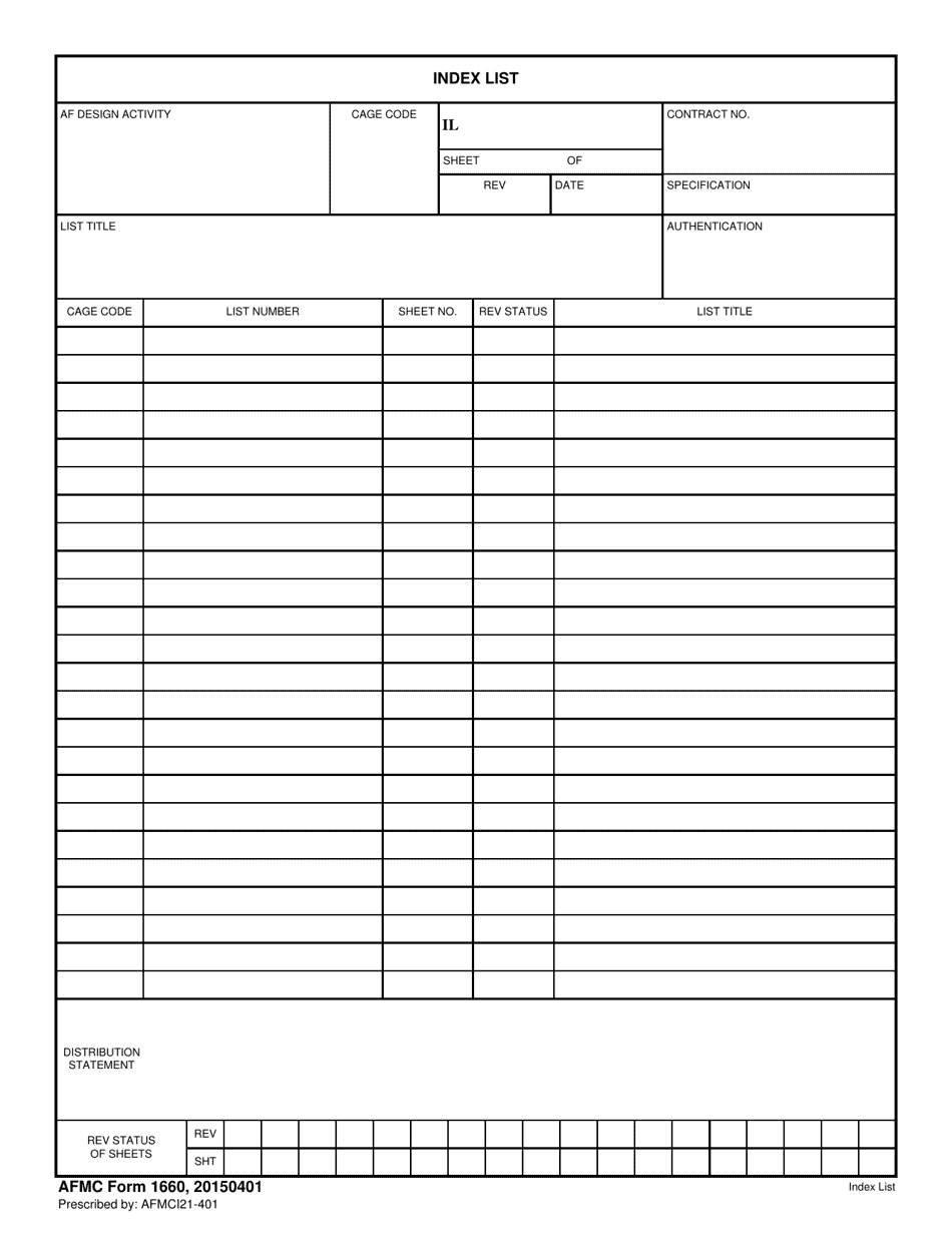 AFMC Form 1660 Index List, Page 1