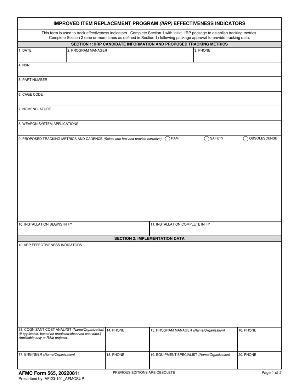 AFMC Form 565 Improved Item Replacement Program (Iirp) Effectiveness Indicators, Page 1