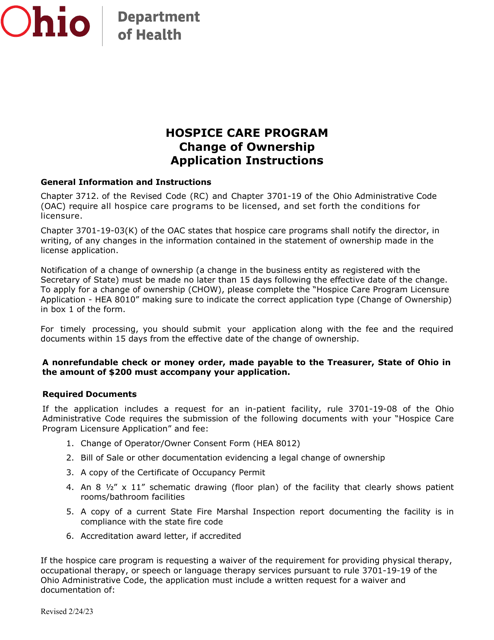 Form HEA8010 Change of Ownership Application - Hospice Care Program - Ohio