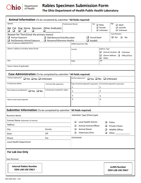 Form HEA2539 Rabies Specimen Submission Form - Ohio
