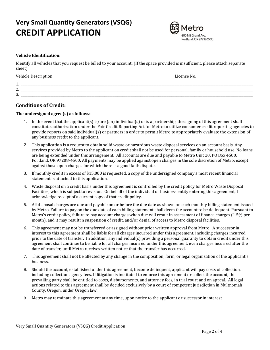 Very Small Quantity Generators (Vsqg) Credit Application - Oregon, Page 3