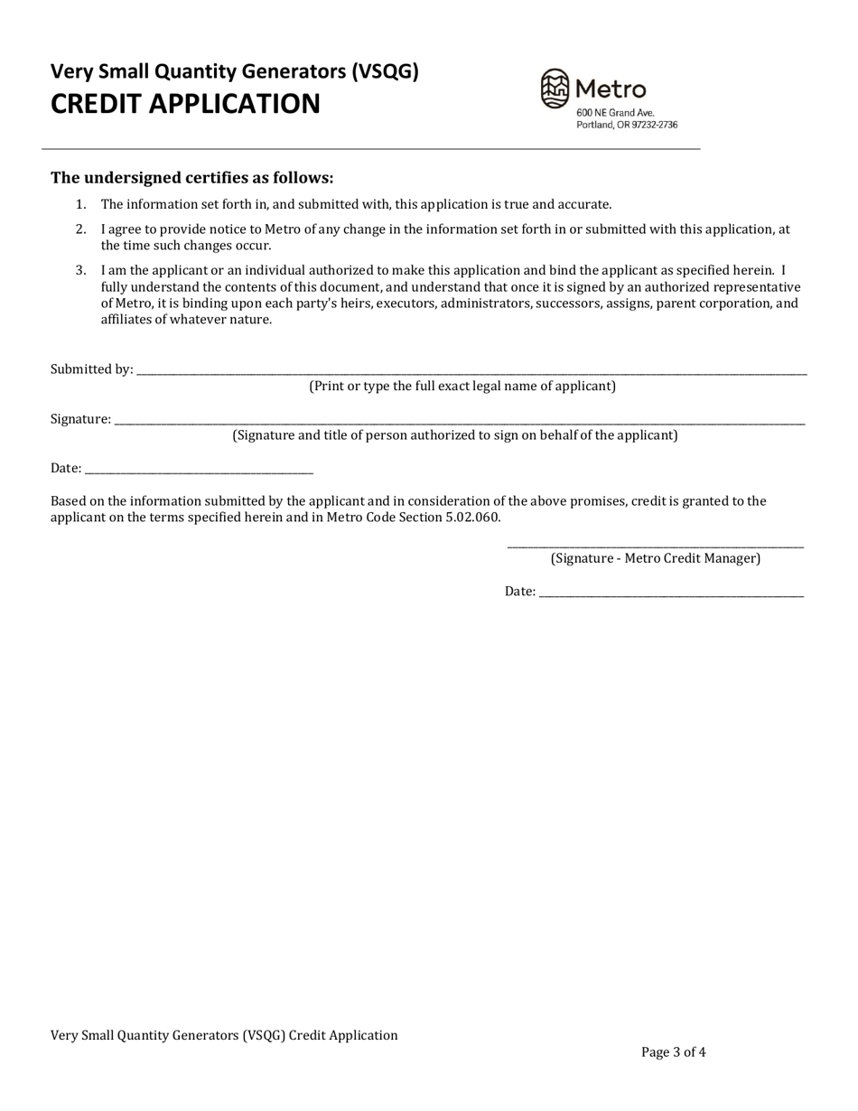 Very Small Quantity Generators (Vsqg) Credit Application - Oregon, Page 4