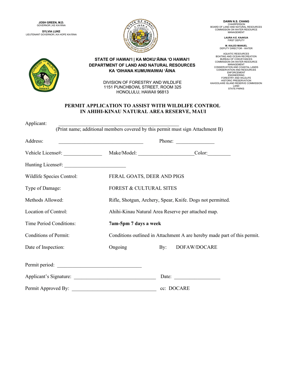 Hawaii Permit Application to Assist With Wildlife Control in Ahihi