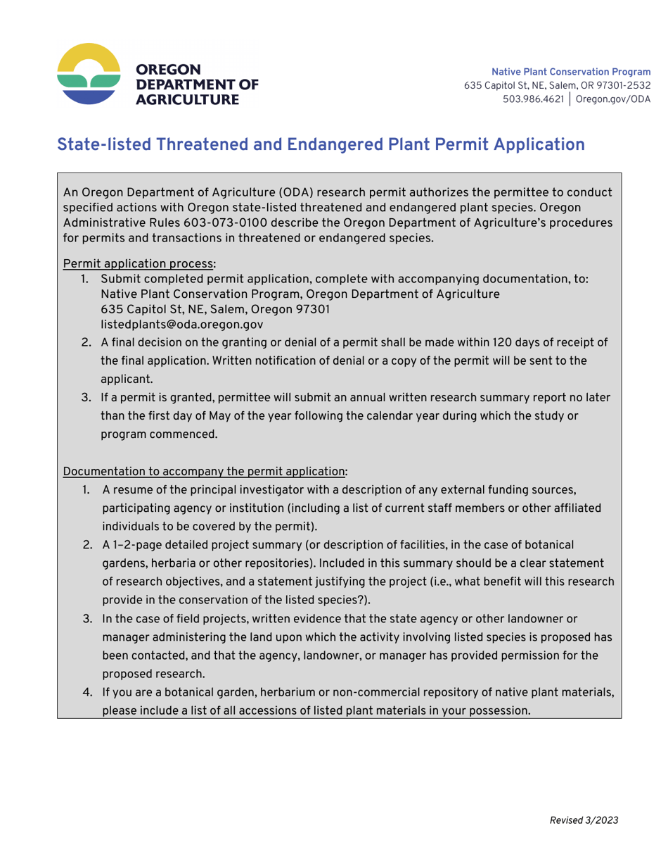 State-Listed Threatened and Endangered Plant Permit Application - Oregon, Page 1