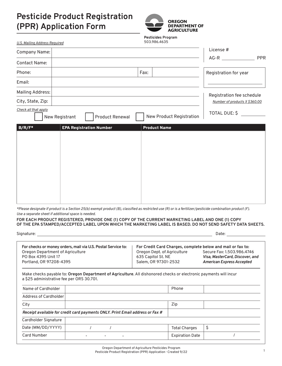Pesticide Product Registration (Ppr) Application Form - Oregon, Page 1
